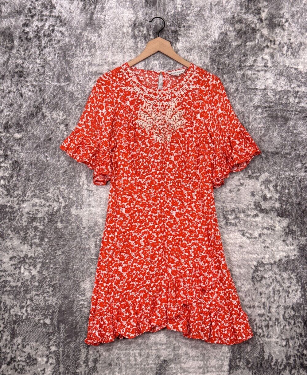 Anthropologie Dress Small Womens Ranna Gill Red Floral Eyelet Embroidered Mini